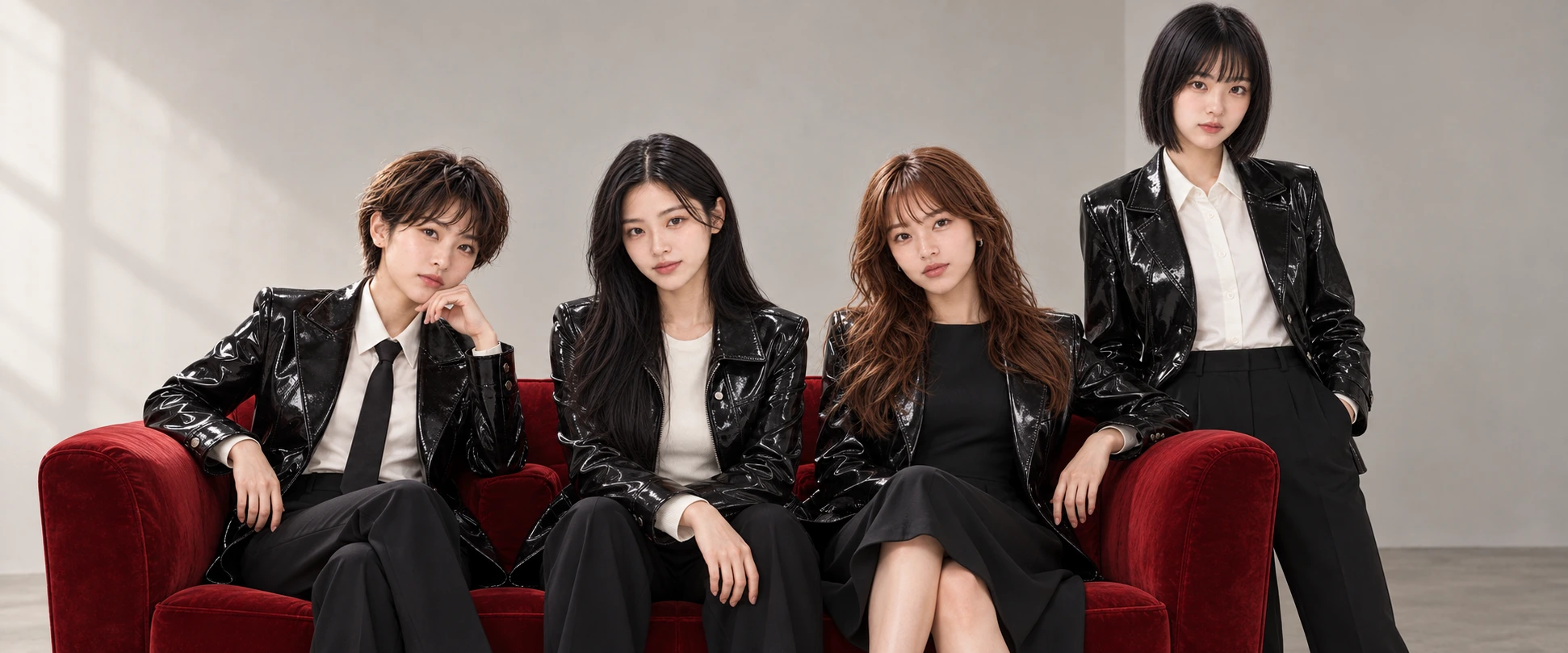 赤いソファーでクールに決める4人のファッションポートレート。