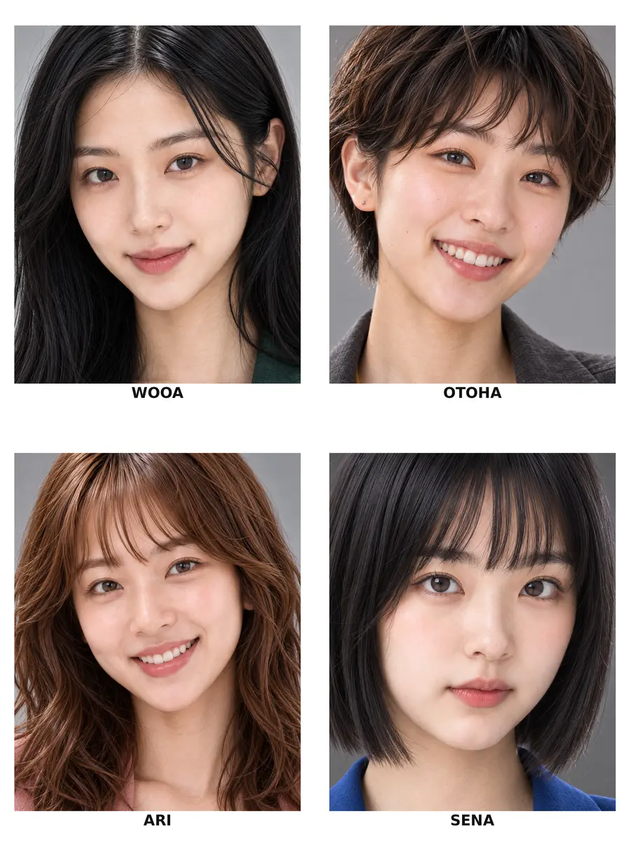 WOOA。長い黒髪と穏やかな眼差しのポートレート。
