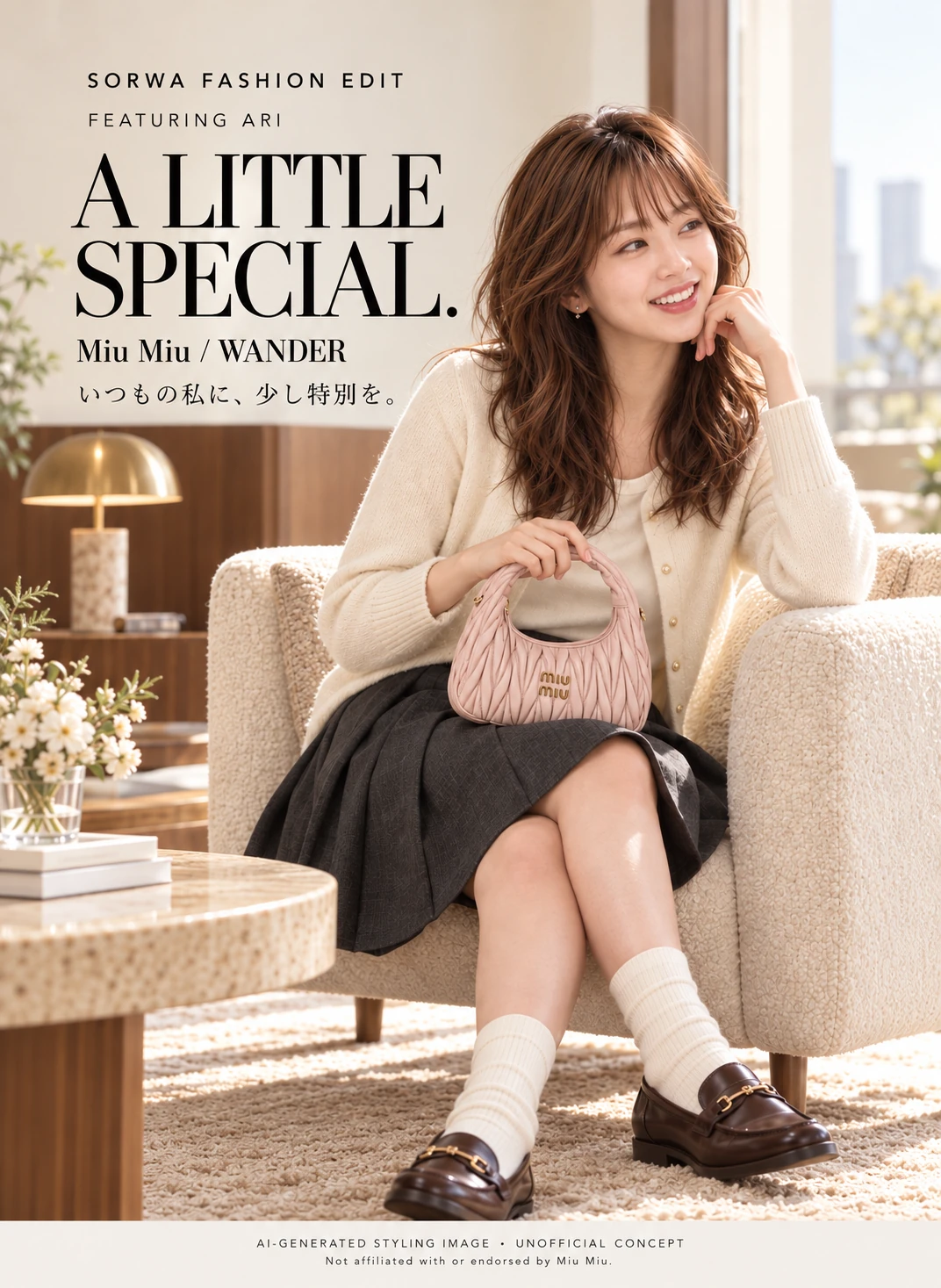 ラウンジでアイボリーのニットと淡いピンクのバッグを合わせたARIのAIスタイリング画像。Miu Miuを題材にした自主制作企画。