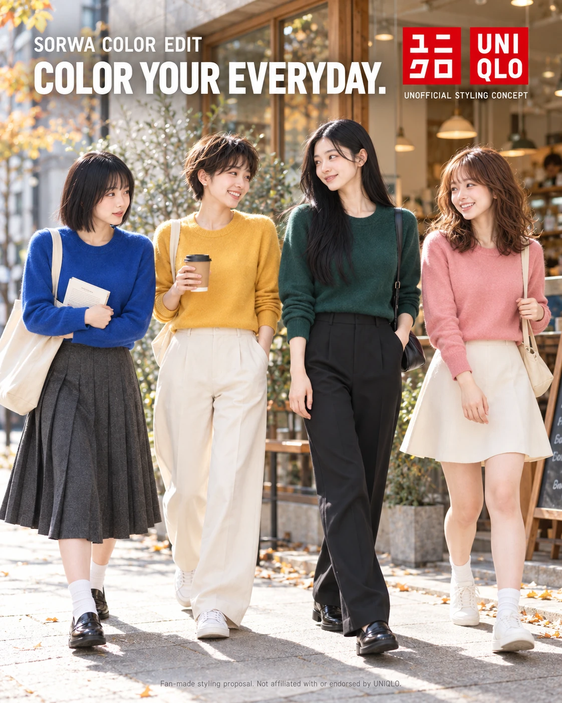 街のカフェ前で青・黄・緑・ピンクのニットを着たSORWAの4人。UNIQLOを題材にした自主制作AIスタイリング企画。