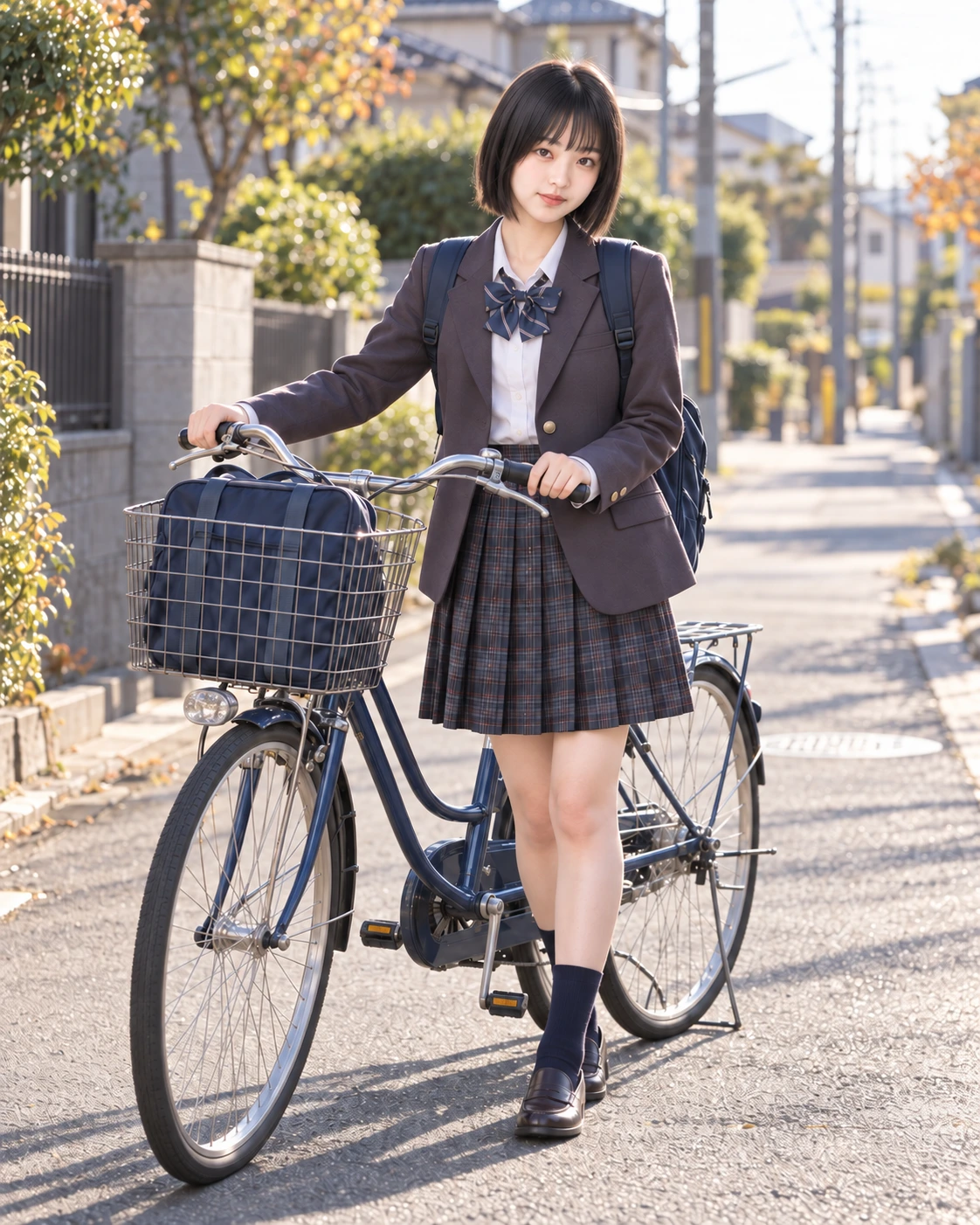 ブリヂストンのシティサイクルと、制服姿のSENA。