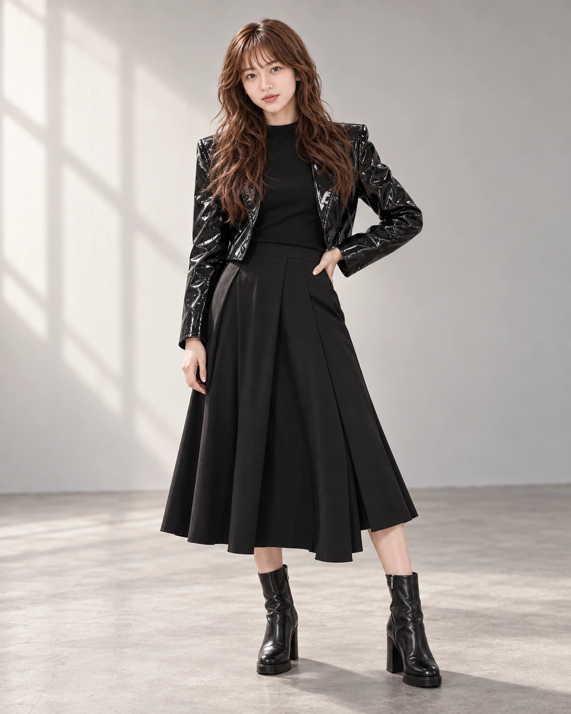 ARI。艶のある黒い衣装のソロ・決めポーズ。