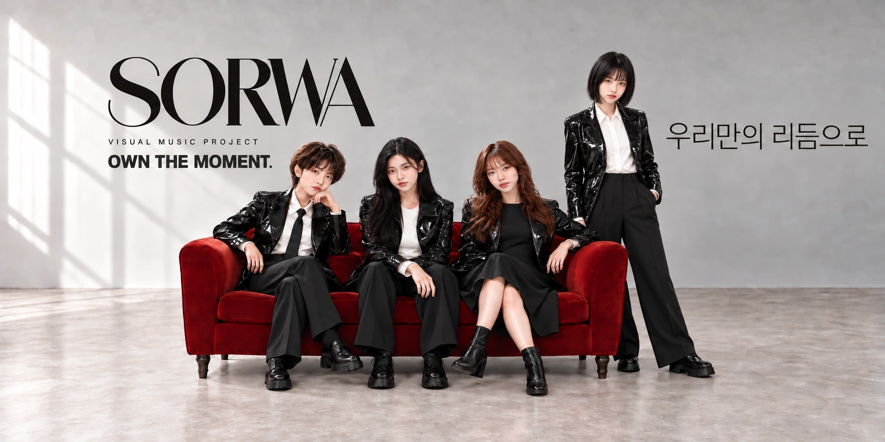 SORWA。赤いソファーでクールな表情を見せるOTOHA、WOOA、ARIと、右側に立つSENA。OWN THE MOMENT. 우리만의 리듬으로。