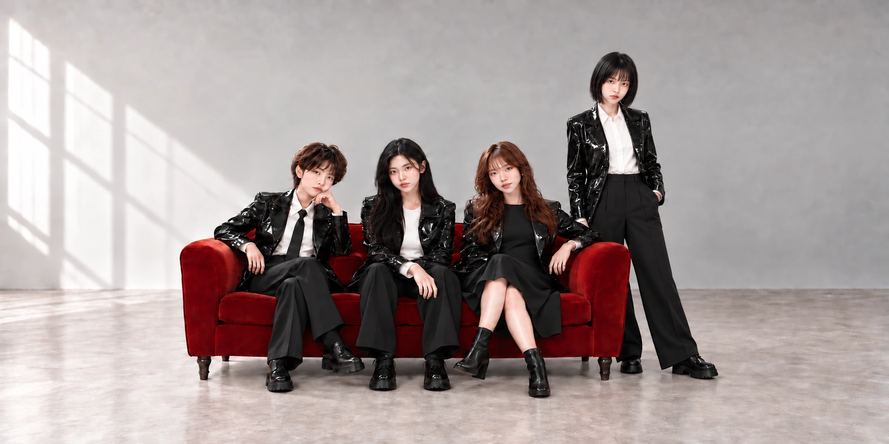 赤いソファーを囲むSORWAの4人、OTOHA・WOOA・ARI・SENA